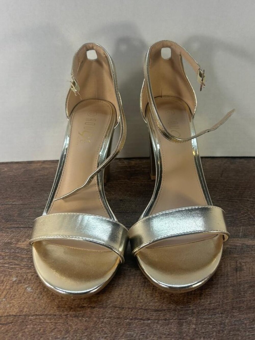 Rouge Metallic Gold Open Toe Ankle Strap Block Heel Dress Sandals Size 6.5